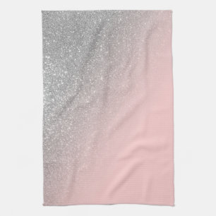 Diagonal Girly Silver Blush Pink Ombre Gradient Kitchen Towel
