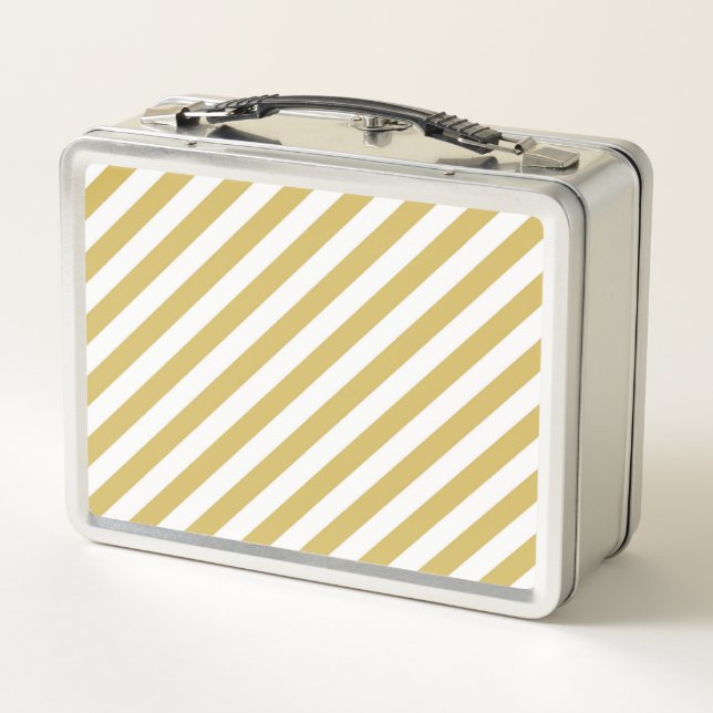 Diagonal golden yellow and white stripes pattern metal lunch box (Back)