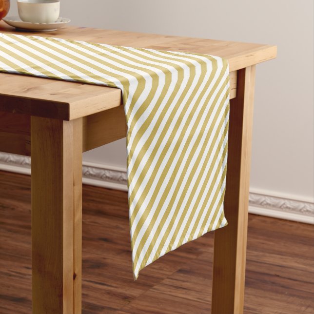 Diagonal golden yellow and white stripes pattern short table runner (In Situ)