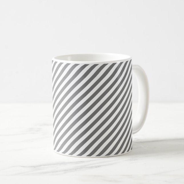 Diagonal gray and white stripes pattern coffee mug (Front Right)