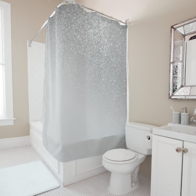 Diagonal Gray Silver Glitter Gradient Ombre Shower Curtain (In Situ)