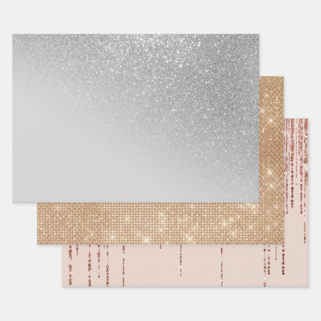 Diagonal Gray Silver Glitter Gradient Ombre Wrapping Paper Sheets (Set)
