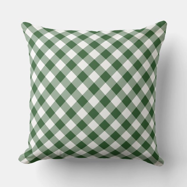 Diagonal Green and White Gingham Checked Plaid Outdoor Pillow (Front)