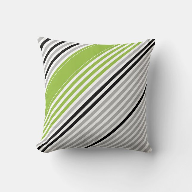 Diagonal green, grey, black, white stripes throw pillow (Front)