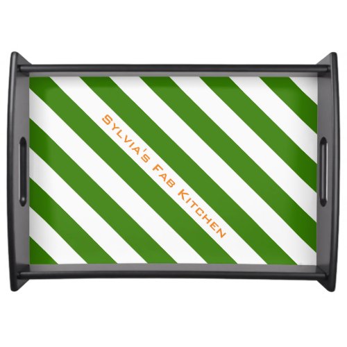 Diagonal Green Stripes Custom Color and Text Serving Tray