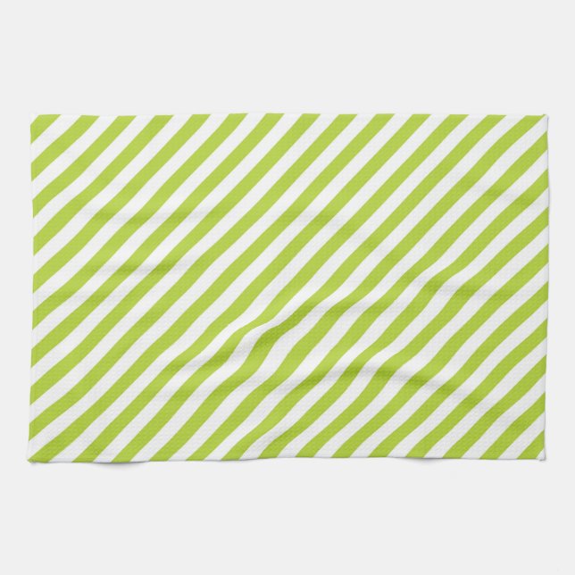 Diagonal lime green and white stripes pattern kitchen towel (Horizontal)