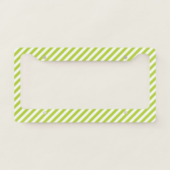 Diagonal lime green and white stripes pattern license plate frame (Front)