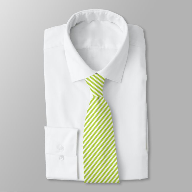 Diagonal lime green and white stripes pattern neck tie (Tied)