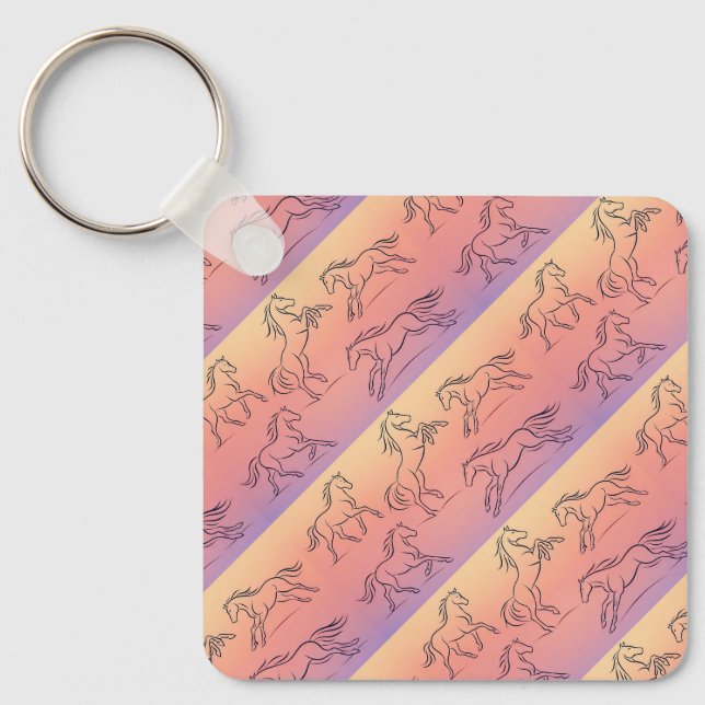 Diagonal Line Art Horse Pattern Galloping Horses Keychain (Front)