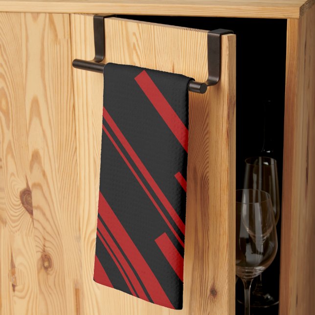 Diagonal Lines in Red and Black Kitchen Towel (Thirds Fold)