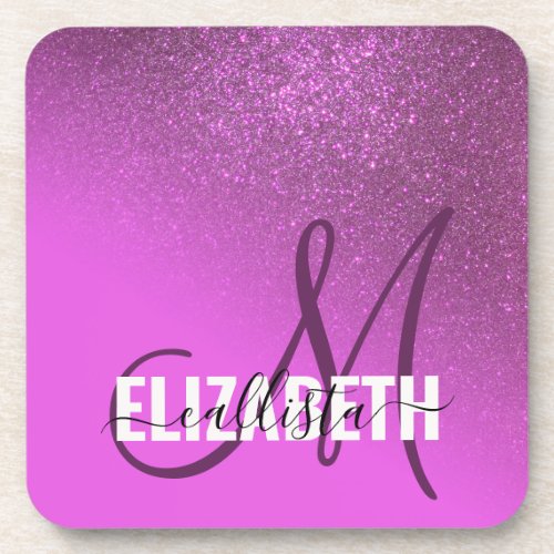 Diagonal Magenta Purple Glitter Gradient Ombre Beverage Coaster