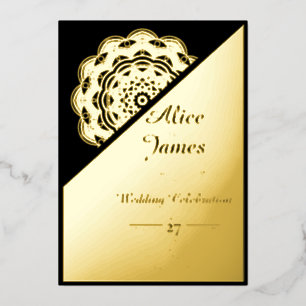 Diagonal Mandala Elegant Black Gold Foil Wedding Invitation