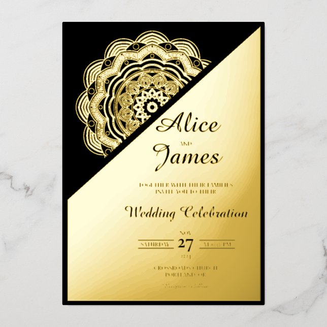 Diagonal Mandala Elegant Black Gold Foil Wedding Invitation (Front)