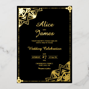 Diagonal Mandala Elegant Black Gold Foil Wedding Invitation