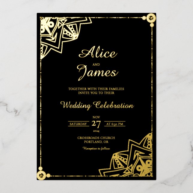 Diagonal Mandala Elegant Black Gold Foil Wedding Invitation (Front)