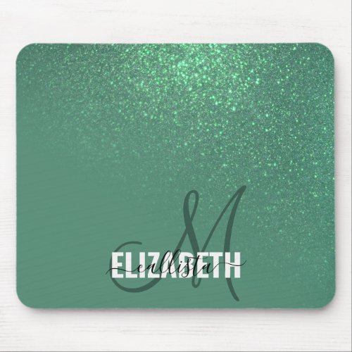 Diagonal Mermaid Green Glitter Gradient Monogram Mouse Pad