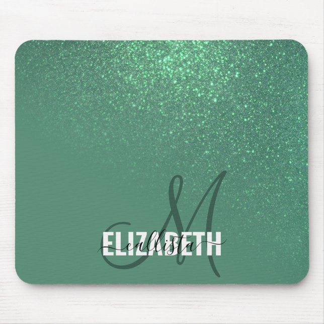 Diagonal Mermaid Green Glitter Gradient Monogram Mouse Pad (Front)