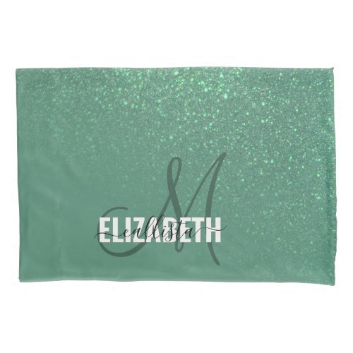 Diagonal Mermaid Green Glitter Gradient Monogram Pillow Case