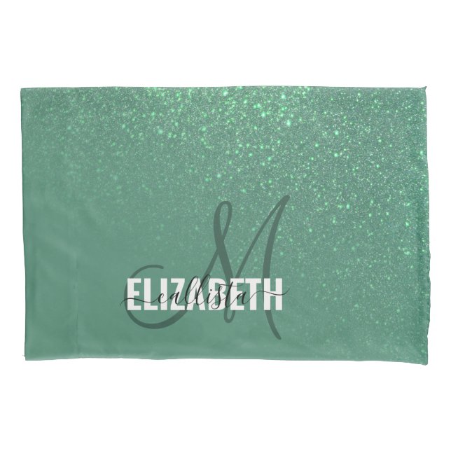 Diagonal Mermaid Green Glitter Gradient Monogram Pillow Case (Front)