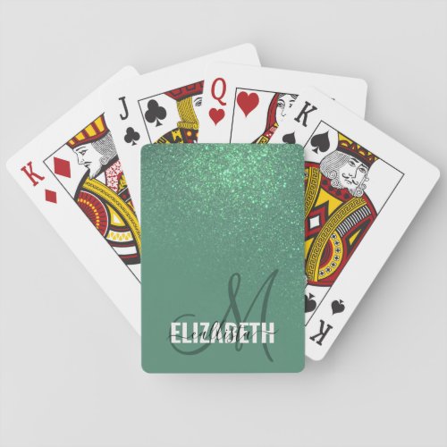 Diagonal Mermaid Green Glitter Gradient Monogram Playing Cards