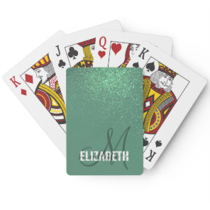Diagonal Mermaid Green Glitter Gradient Monogram Poker Cards