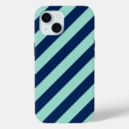 Diagonal Mint Green and Navy Blue Stripes iPhone 15 Case