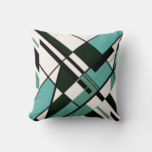 Diagonal Mosaic in Green White Black Art Motif Throw Pillow