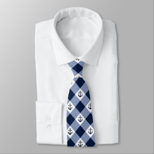 Diagonal nautical checkered gingham pattern neck tie