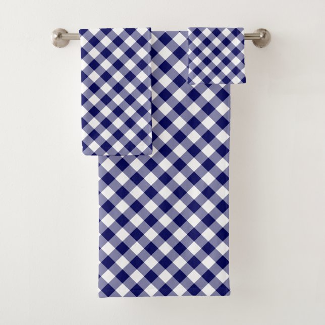 Diagonal Navy and White Checked Plaid Towel Set (Insitu)