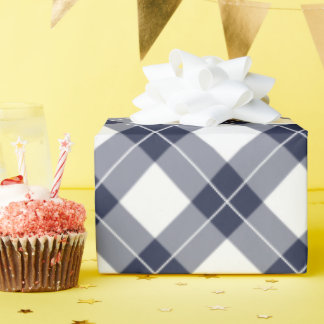 Diagonal Navy Blue and White Plaid Pattern Wrapping Paper
