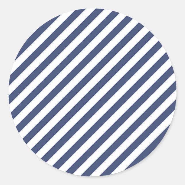 Diagonal navy blue and white stripes pattern classic round sticker (Front)
