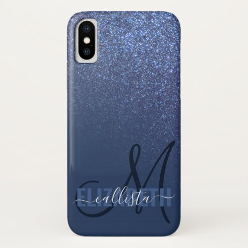 Diagonal Navy Blue Glitter Gradient Ombre Monogram iPhone X Case