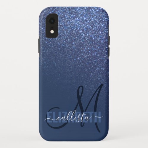 Diagonal Navy Blue Glitter Gradient Ombre Monogram iPhone XR Case