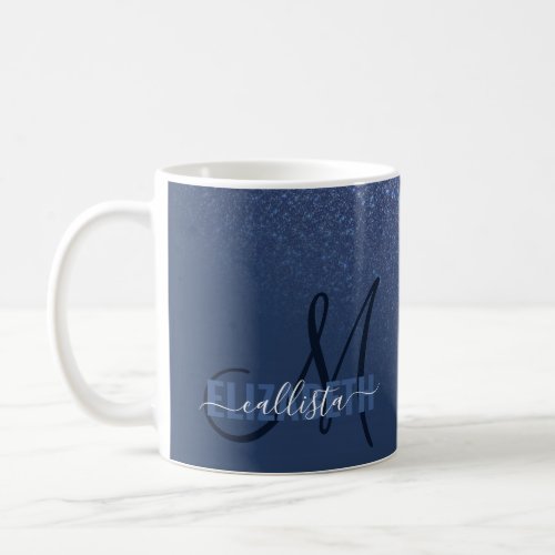 Diagonal Navy Blue Glitter Gradient Ombre Monogram Coffee Mug