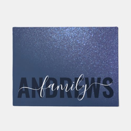 Diagonal Navy Blue Glitter Gradient Ombre Monogram Doormat