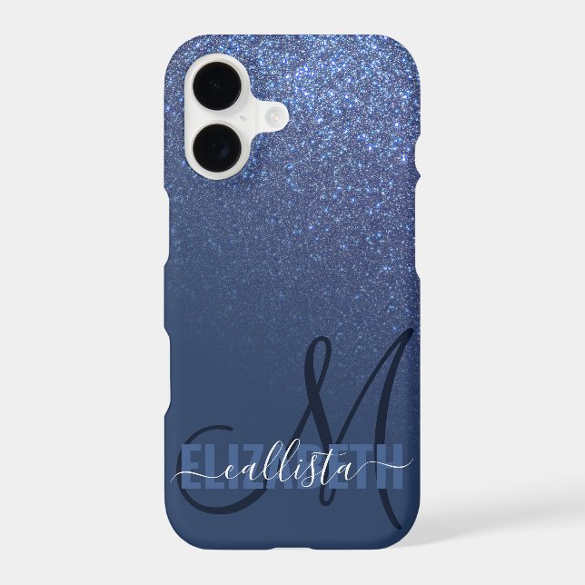 Diagonal Navy Blue Glitter Gradient Ombre Monogram Iphone Case (Back)