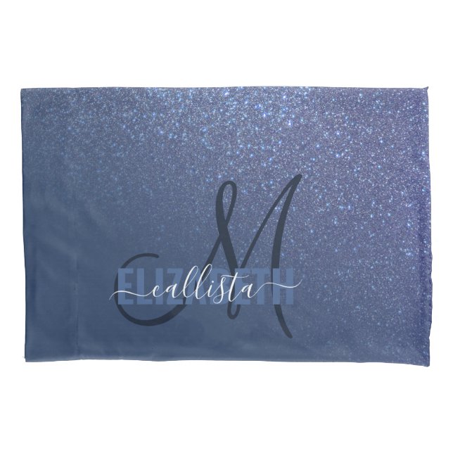 Diagonal Navy Blue Glitter Gradient Ombre Monogram Pillow Case (Front)