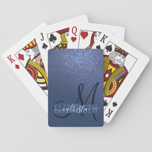 Diagonal Navy Blue Glitter Gradient Ombre Monogram Poker Cards