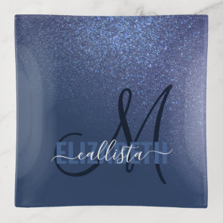 Diagonal Navy Blue Glitter Gradient Ombre Monogram Trinket Tray