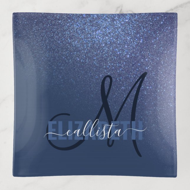 Diagonal Navy Blue Glitter Gradient Ombre Monogram Trinket Tray (Front)