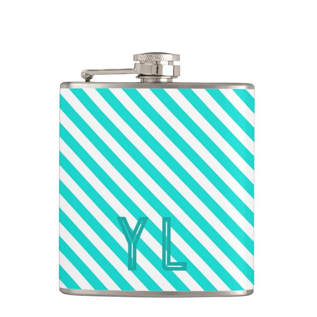 Diagonal neon blue and white stripes initials flask (Front)