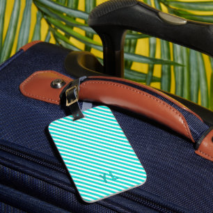Diagonal neon blue and white stripes initials luggage tag