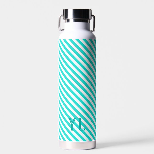 Diagonal neon blue and white stripes initials water bottle (Front)