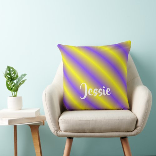 Diagonal neon glow yellow and purple stripes throw pillow