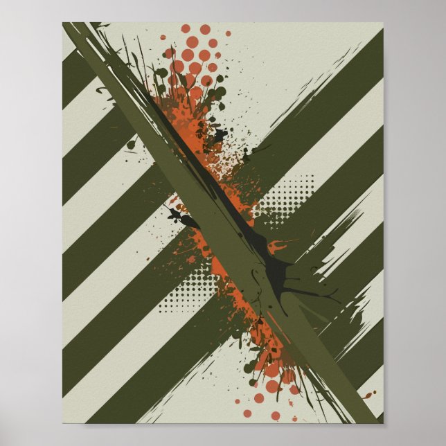 Diagonal Olive Stripes with Orange Splashes Poster (Front)