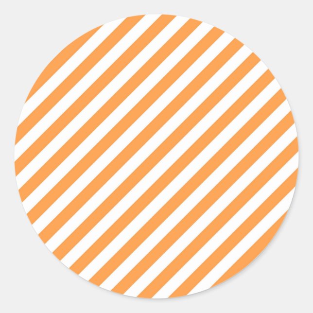 Diagonal orange and white stripes pattern classic round sticker (Front)