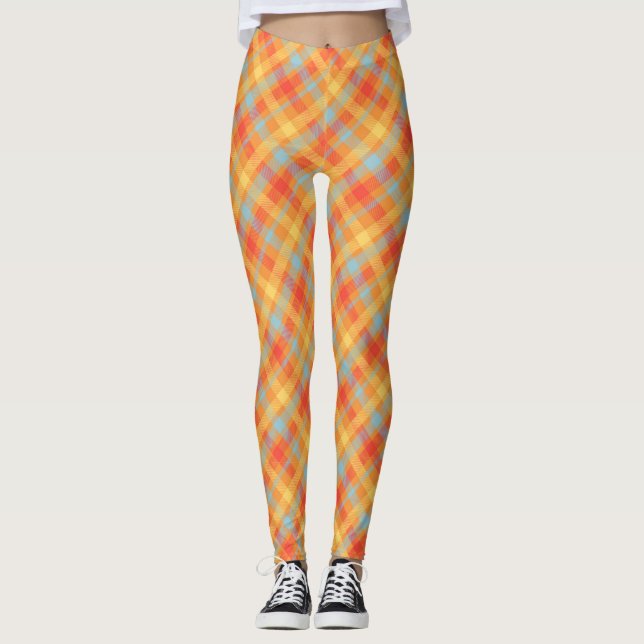 Diagonal Orange Pale Blue Plaid Pattern Leggings (Front)