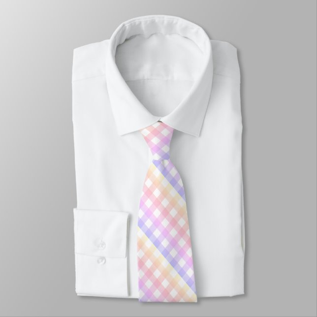 Diagonal Pastel Rainbow Checkerboard Neck Tie (Tied)
