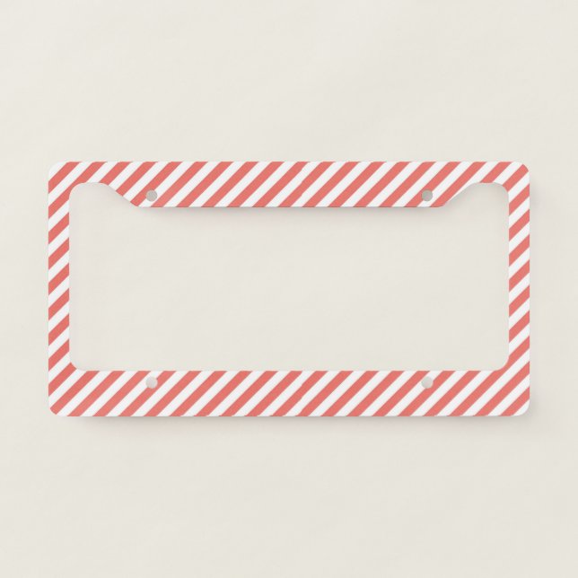 Diagonal pattern of pink and white stripes license plate frame (Front)