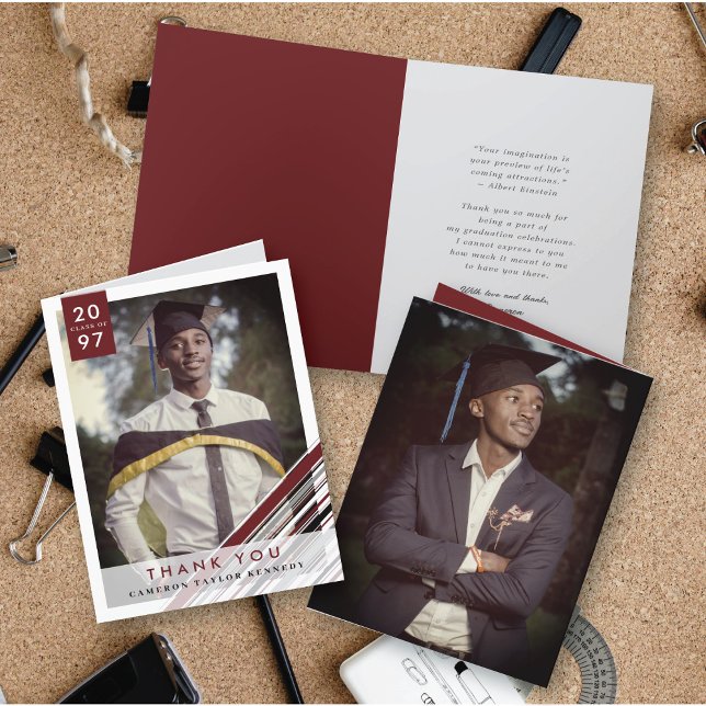 Diagonal Pin Stripes Stylish Graduation Photo Card (Diagonal Maroon Red Pin Stripes Classic Graduation Photo Folded Card @ zazzle.com/color_therapy)
